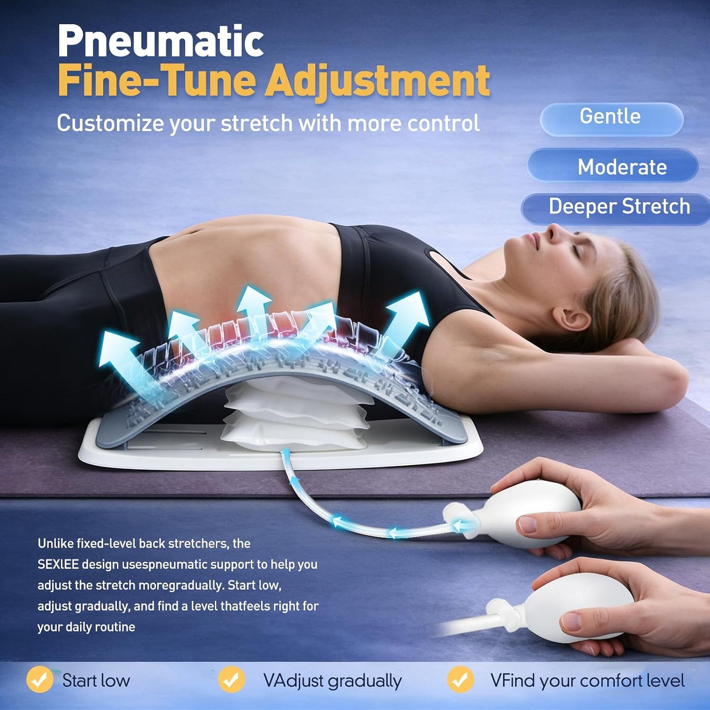 Back Stretcher for Lower Back, Pneumatic Adjustable Lumbar Support Board with 10 Magnets and 90 Massage Points, Daily Back Stretching Device for Home, Office, Yoga and Travel