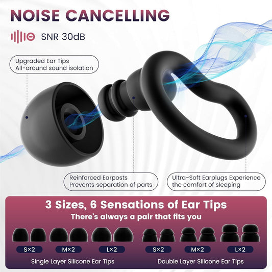 Ear Plugs for Sleeping,Reusable Noise Reduction Ear Plugs for Side Sleepers | 2 Pairs Silicone Ear Plugs, 6 Sizes Ear Tips (Single & Dual Layer), 30dB Noise Cancelling for Snoring,Travel ,Focus&Concerts