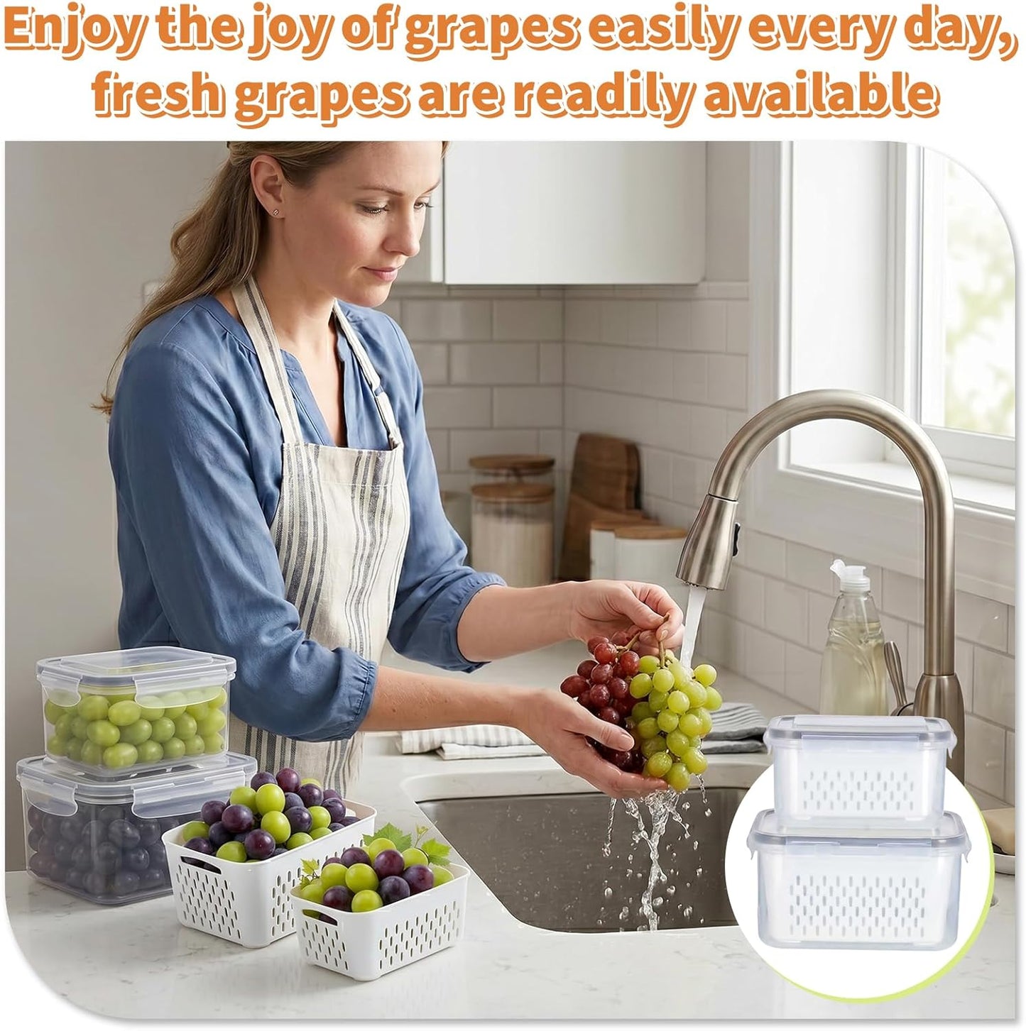Fruit Storage Containers for Fridge, Grape Containers with Built-In Drain Basket, 2-Pack No-Leak Design, Saves Space, Durable and Easy to Clean, Easy Grab Handle, Keeps Grapes and Berries Fresh