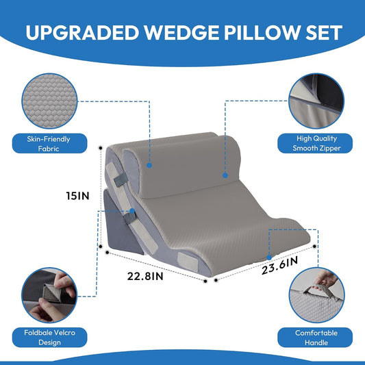 3PCS Wedge Pillow Set for After Surgery, Back Pillow for Bed Sitting up, 10-in-1 Foam Wedge Pillow for Acid Reflux & Back Pain Relief, Post Surgery Pillow for GERD & Snoring, Grey