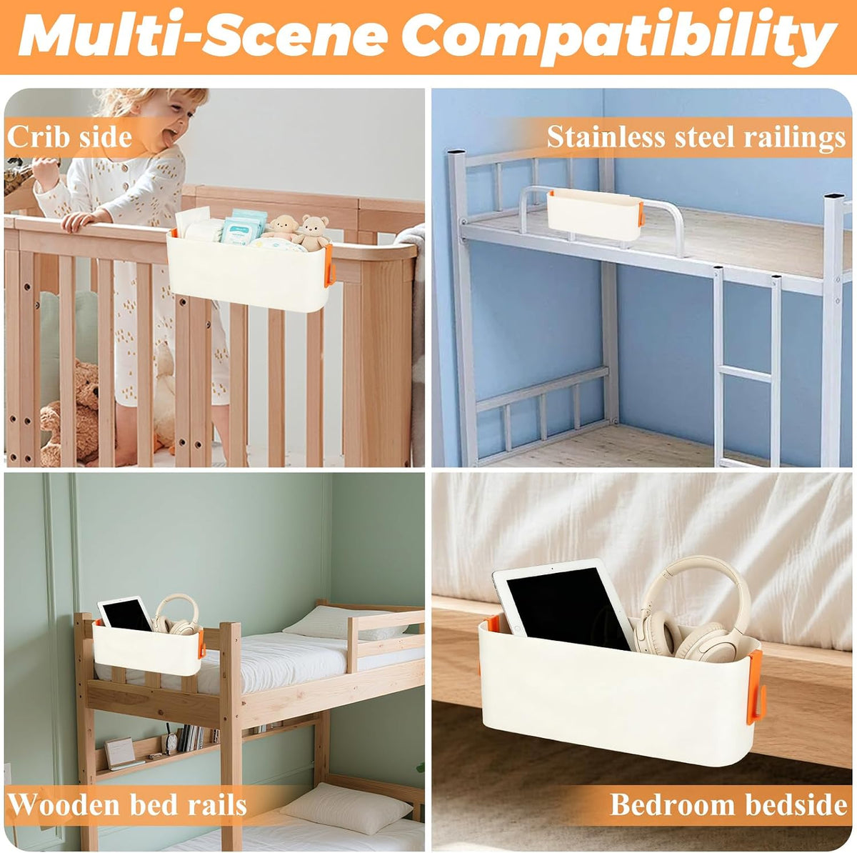 3 Pcs Bedside Caddy Plastic Bed Caddy, Orange Hanging Organizer Storage Basket with Hooks for Dorm Loft Rail RV Bathroom College Small Room Essentials