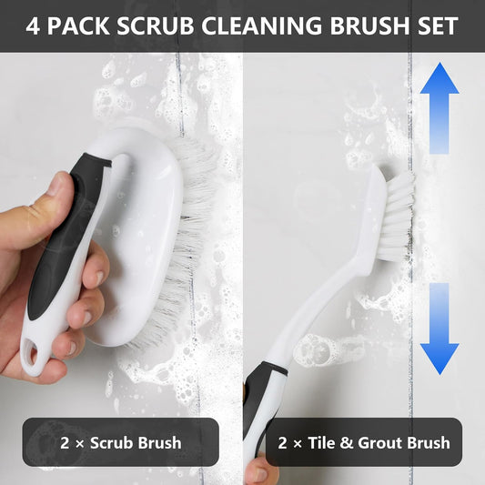 Scrub Brush Set, 4 Pack Deep Cleaning Brush Kit, Green | 2 Scrub Brush, 2 Tile & Grout Brush with Built-in Scraper, Household Commercial Scrubber for Floor, Shower, Pool Wall, Tub