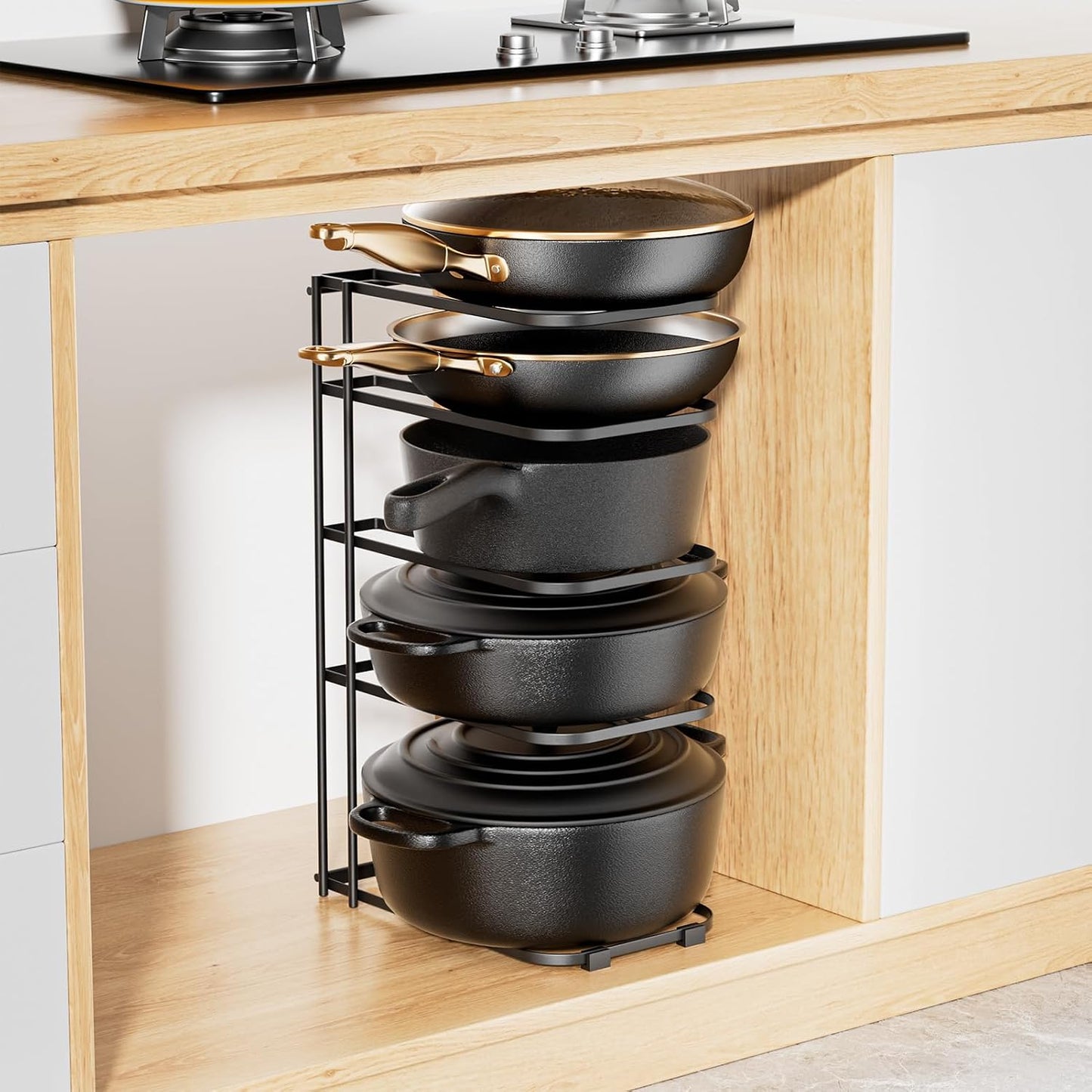 5-Tier Pot and Pan Organizer 13.6", No Assembly Cookware Rack 1-Pack | One-piece Design, Multi-height Layered,Anti-Tip Structure, Dual Vertical & Horizontal Use, Fits Cast Iron Pans & Dutch Ovens