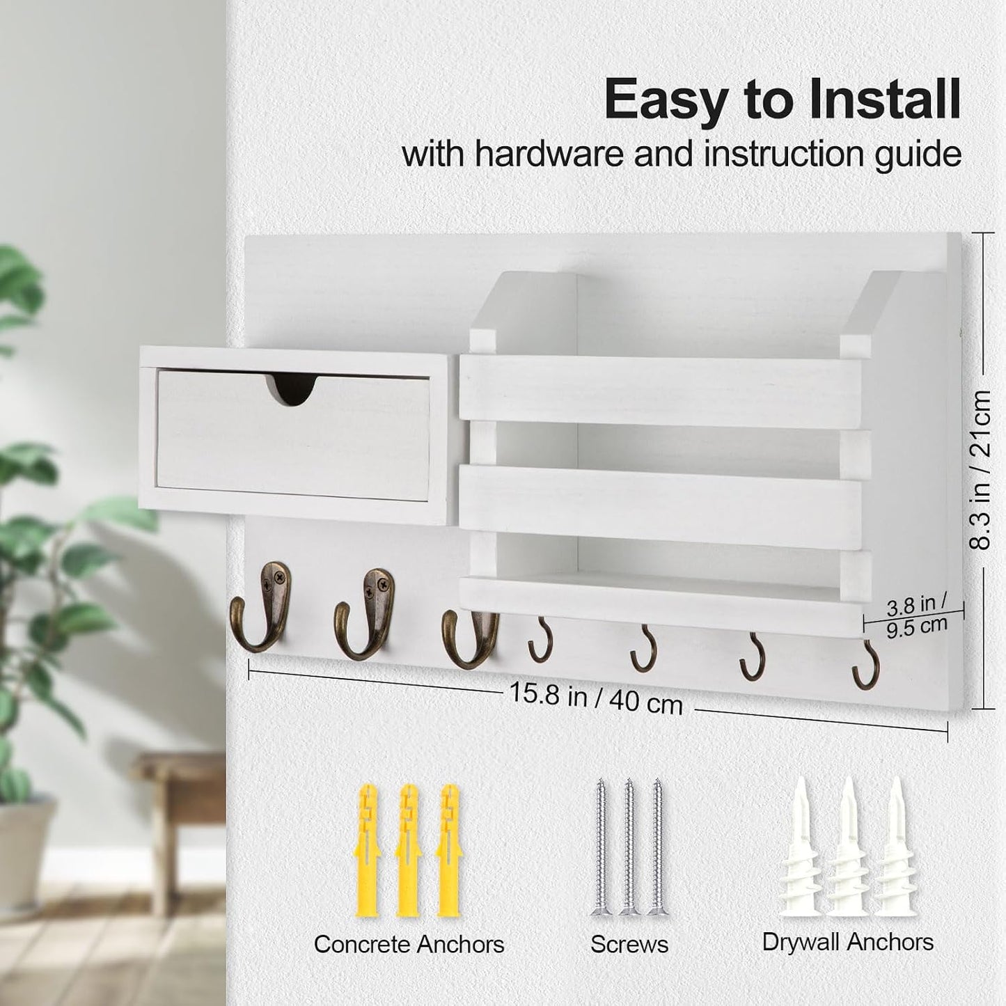 Lwenki Wall Mount Key Holder with Mail Organizer, 100% Paulownia Wood, 7 Metal Hooks, Storage Drawer, Entryway Home Decor (Brown)