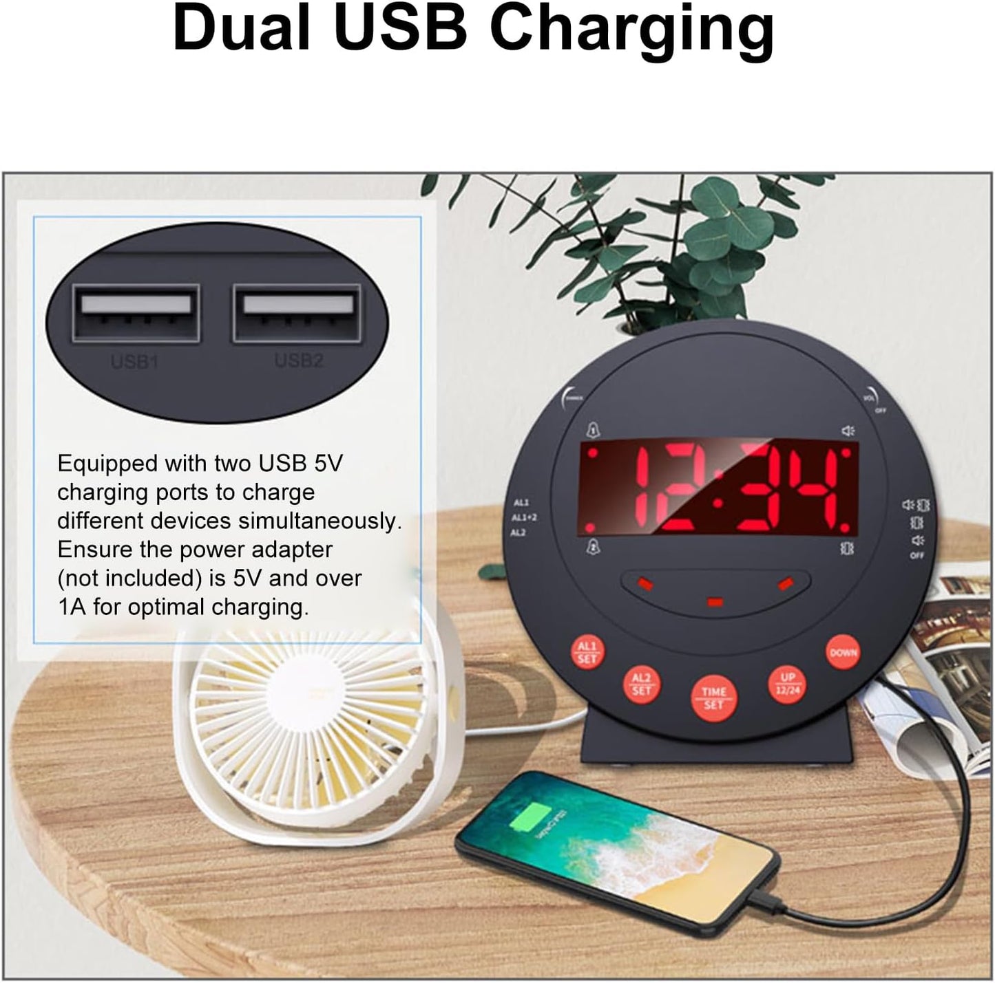 TARSHYRY Vibrating Alarm Clock with Bed Shaker LED Display Loud Volume Adjustable Brightness for Heavy Sleepers Deaf Hard of Hearing
