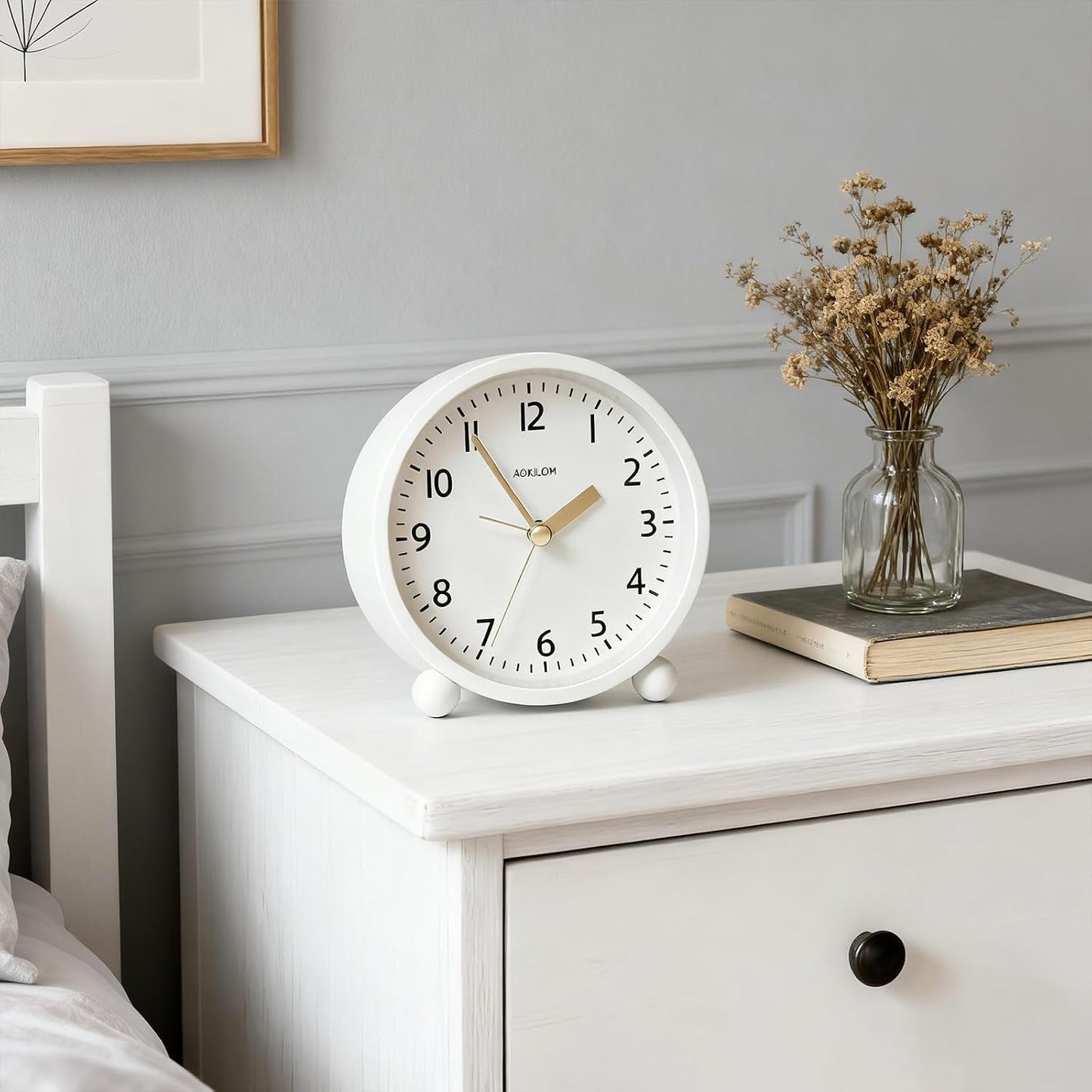 Analog Alarm Clock, Non-Ticking Silent Travel Small Clock, Battery Operated with On-Demand Light, Easy Set Gentle Wake, Ideal Decor for Bedroom, Bedside, Desk,Office(White)
