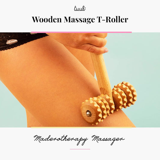 T-Shape Massager with Grooved Rollers, Multi-Functional Body Roller for Cellulite Reduction, Eases Muscle Tension and Supports Skin Health, Natural Muscle Roller