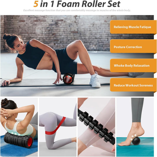 SUBCULTUREPICK 5 in1 Foam Roller Set, Trigger Point Foam Roller Deep Tissue | Massage Roller Stick, Massage Ball, Resistance Band for Physical Therapy, Pilates Yoga,Fitness Exercise for Whole Body Black
