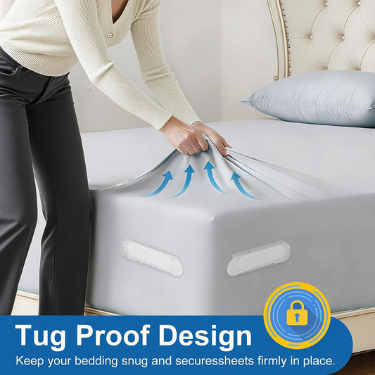 4-Pack Bed Sheet Holders for Corners, USA Patented Lock System, Non-Slip Gripper Clips, Heavy Duty Fitted Sheet Fasteners for King Queen Full Twin Mattresses, Easy One-Time Installation