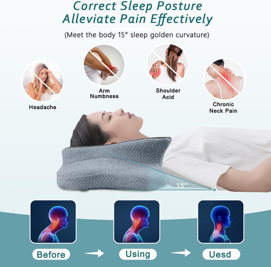 CHxxy Memory Foam Pillows, Cervical Pillow for Neck & Shoulder Pain Relief | Ergonomic Contour Bed Pillow, Soft for Side Sleep Stomach Sleeping and Back Sleeper-Queen Size&Grey