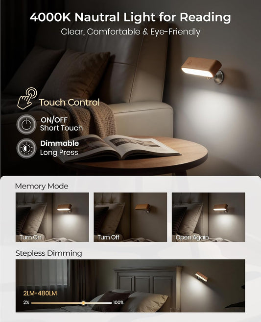 Wood Wall Sconce, Rechargeable Reading Light, Magnetic Bedside Lamp | Touch Control Reading Light for Books in Bed, 360° Rotation, Magnetic Wall Lamps for Bedroom, Living Room, Beech Wood