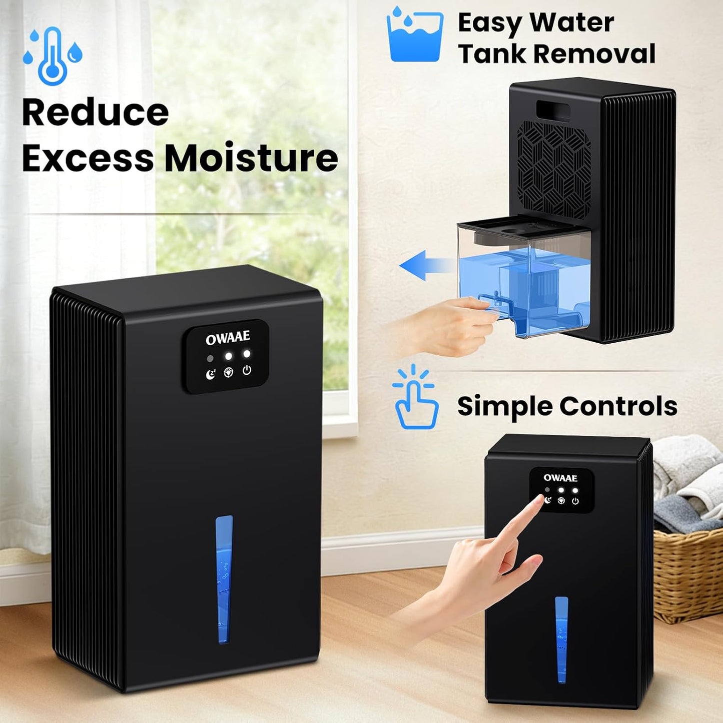 Dehumidifier for Home with Auto Shutoff Sleep Mode, 1000 Sq Ft | Quiet for Bedroom Basement Bathroom with Portable 95oz Water Tank, Auto Shutoff, 7-color LED light, Black
