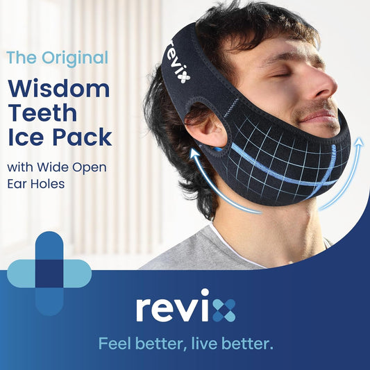 REVIX Wisdom Teeth Ice Pack Head Wrap for Face, Jaw & Chin Relief, Black | For Oral Surgery, Tooth Extraction, TMJ & Teeth Removed, 4 Reusable Hot & Cold Gel Packs, 3D Snug Fit
