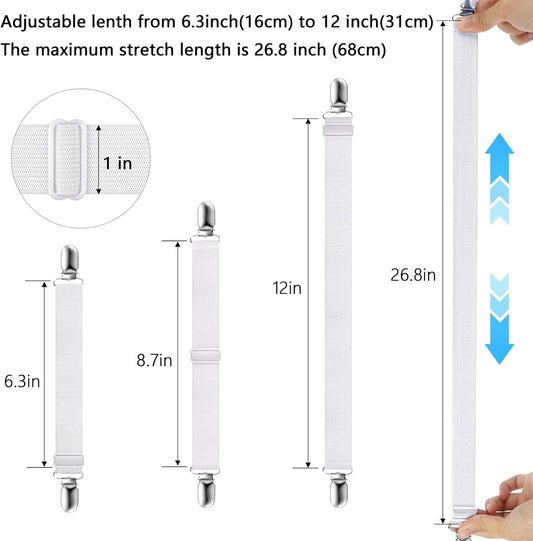 12Pcs Bed Sheet Straps, Adjustable Elastic Mattress Sheet Fasteners Suspenders Holder, Fitted Sheet Straps Clips, Grippers to Hold Sheet, Mattress, Sofa, Table Cloth