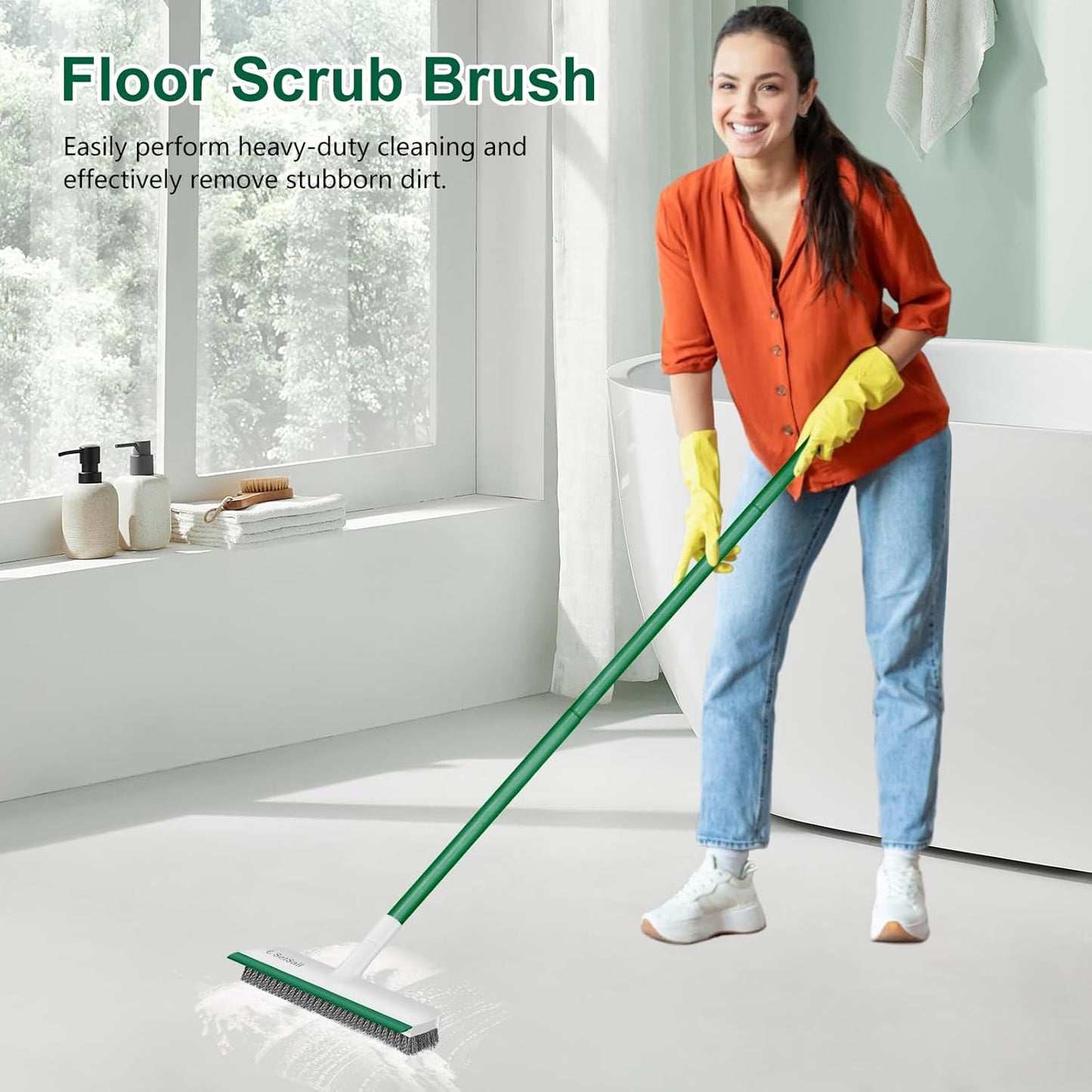 SetSail Floor Scrub Brush with 51-Inch Long Adjustable Handle 2 in 1 Scrape Brush Stiff Bristle Floor Scrubber for Cleaning Shower Bathroom Garage Kitchen Wall Deck Tub Tile | 2 in 1 Scrape Brush Stiff Bristle Floor Scrubber for Cleaning Shower Bathroom