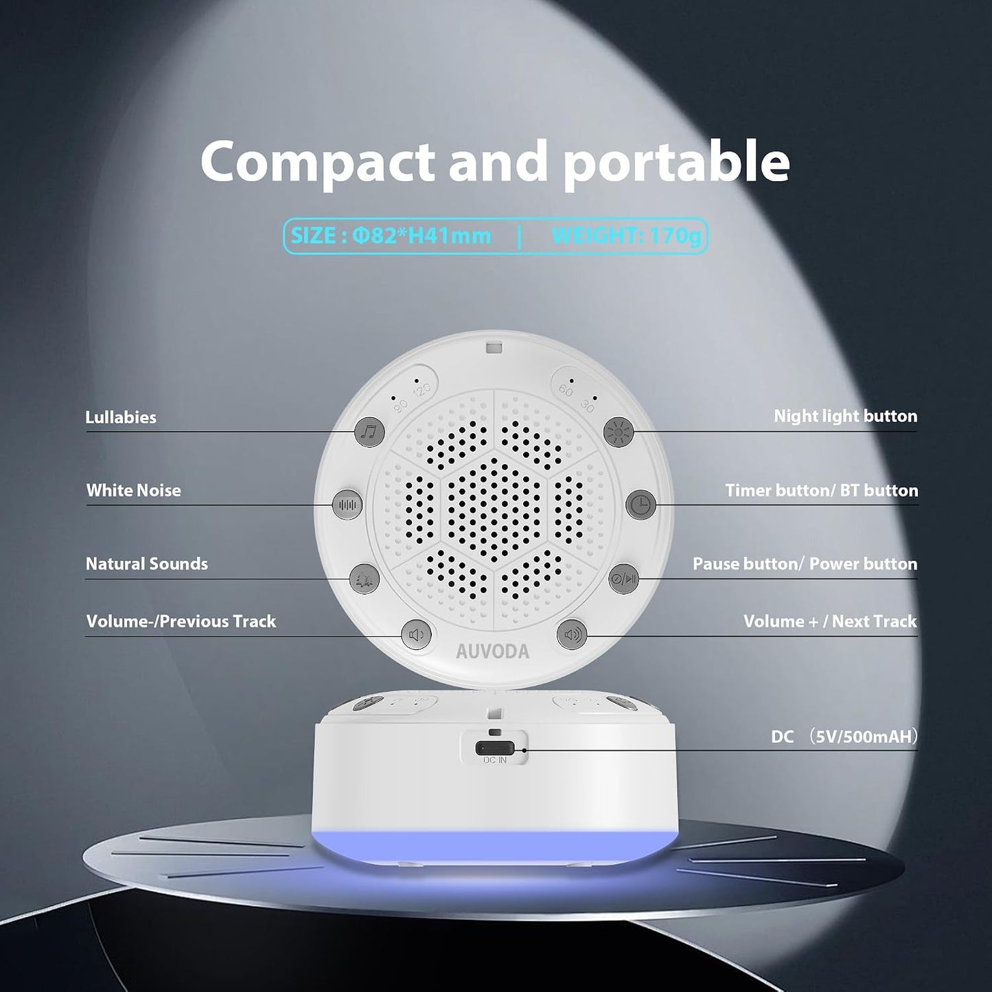 S318 White Noise Machine with 25 Non-Looping Sounds, LED Lights | Memory & Timer, BT 5.3, USB-C Rechargeable Battery, Portable, For Baby, Adults, Sleep, Travel, Home, Office