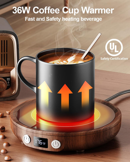 SWEETFULL Mug Warmer for Desk, Coffee Cup Warmer with Timer - Wood