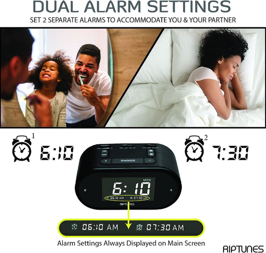 Riptunes Loud Alarm Clock with Bed Shaker for Heavy Sleepers & Hearing Impaired - Dual Alarm for Bedroom Weekday and Weekend Settings USB Charging, Dimmer, Snooze (Black)