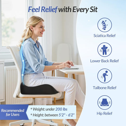 Contoured Ergonomic Seat Cushion for Effective Pain Relief, Non-Slip | Office Chair Cushion for Sciatica, Back, Tailbone Pain Relief, High-Density Memory Foam Car Seat Cushion for Sitting Comfort
