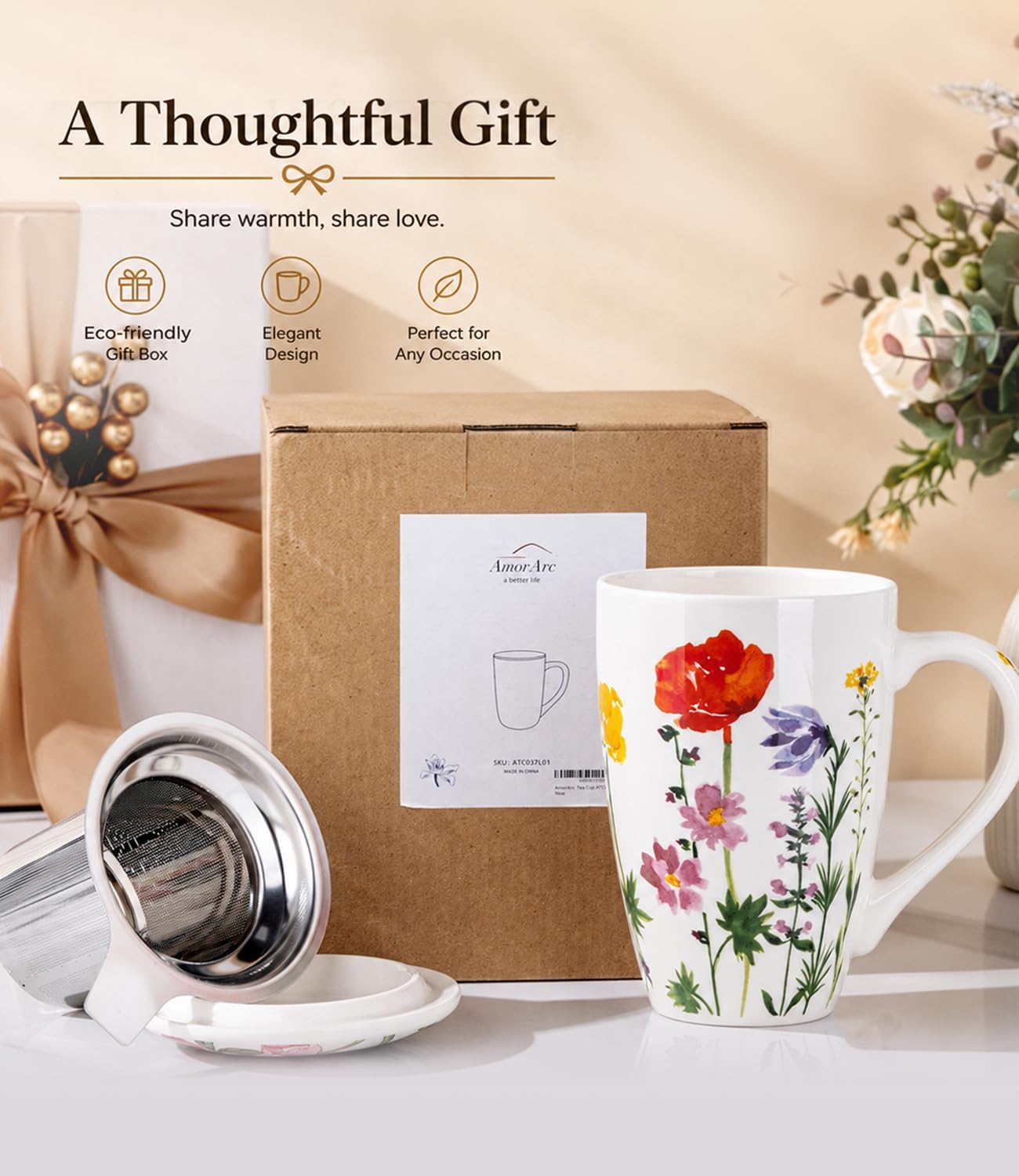 AmorArc Tea Cup With Infuser and Lid, 18oz Loose Leaf Tea Mug With Steeper | Porcelain Tea Mug With Infuser and Lid, Strainer Tea Cup for Tea Lovers, Home & Office, Housewarming Birthday Gift