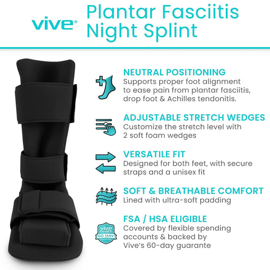 Vive Plantar Fasciitis Night Splint Plus Trigger Point Stretch Wedges | Soft Leg Brace Support, Orthopedic Sleeping Immobilizer Stretch Boot (Medium: Men's: 5.5-8, Women's 7-9.5)