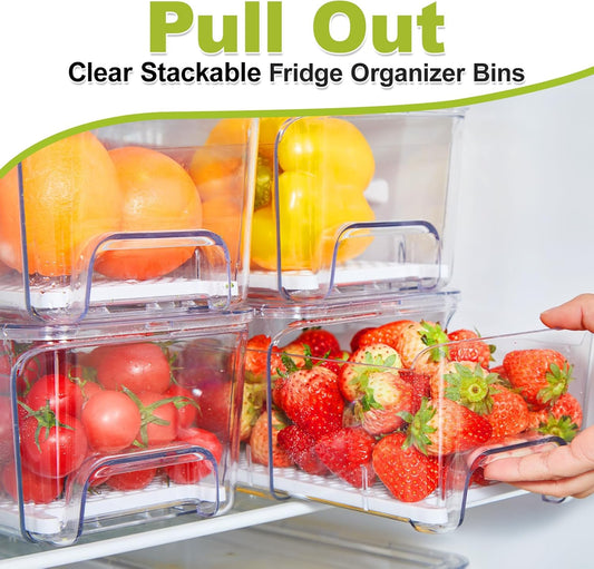 4-Pack Refrigerator Drawer Organizer Bins, Clear Stackable Pull Out Fridge Organizers and Storage Container, with Strainer Layer for Fruits, Vegetables, Drinks, Snack and Food