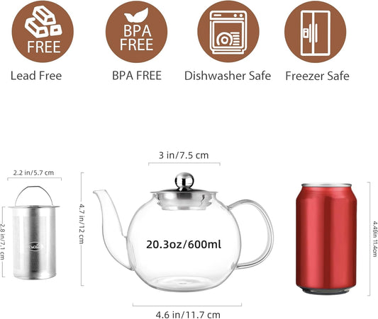 CNGLASS 40oz Glass Teapot with Removable Infuser,Clear Tea Kettle Stovetop Safe,Blooming and Loose Leaf Tea Maker Set