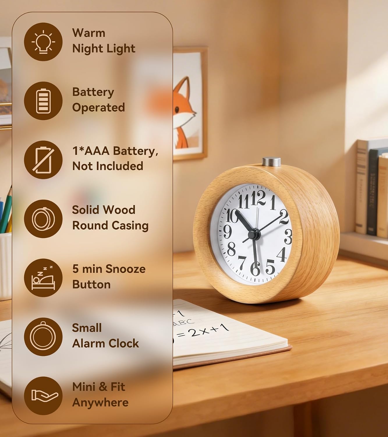 Wood Analog Alarm Clock: Silent Non-Ticking for Quiet Bedrooms | Small Battery Operated Natural Wooden Design - Warm Night Light Shows Time on Demand & 5-Minute Snooze Makes Mornings Easier