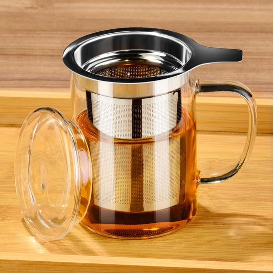 PARACITY Tea Mug with Infuser and Lid, 15 oz Clear Borosilicate Tea Cup | 304 stainless steel strainer handles loose leaf or bagged blends; clear body works with hot or iced drinks and rinses easily
