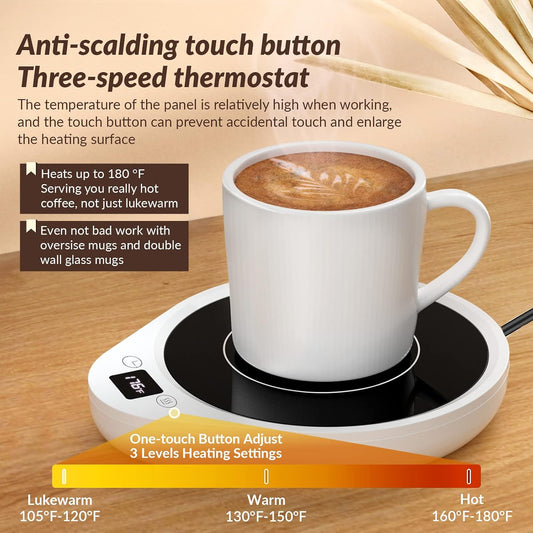 Mug Warmer, Upgrade Coffee Warmer & Cup Warmer for Desk with 3 Temperature Settings, More Hot Coffee Mug Warmer with Timer, 4H Auto Shut Off for Keep Best Flavor for Cocoa, Tea, Water, Milk, White