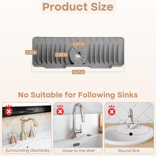 15.75 Inch Kitchen Sink Faucet Mat, Sink Protector&Splash Guard | Silicone, 10°Slope, Fast Self-draining, Snap Lock Fit, for Kitchen and Bathroom Countertop -15.75"x 5.51"