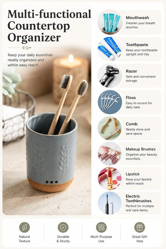 LYEOBOH Ceramic Toothbrush Cup, Cute Toothbrush Holder with Drainage White | Farmhouse Toothbrush Container, Countertop Toothbrush Organizer, Toothbrush Storage for Bathroom Vanity & Countertop
