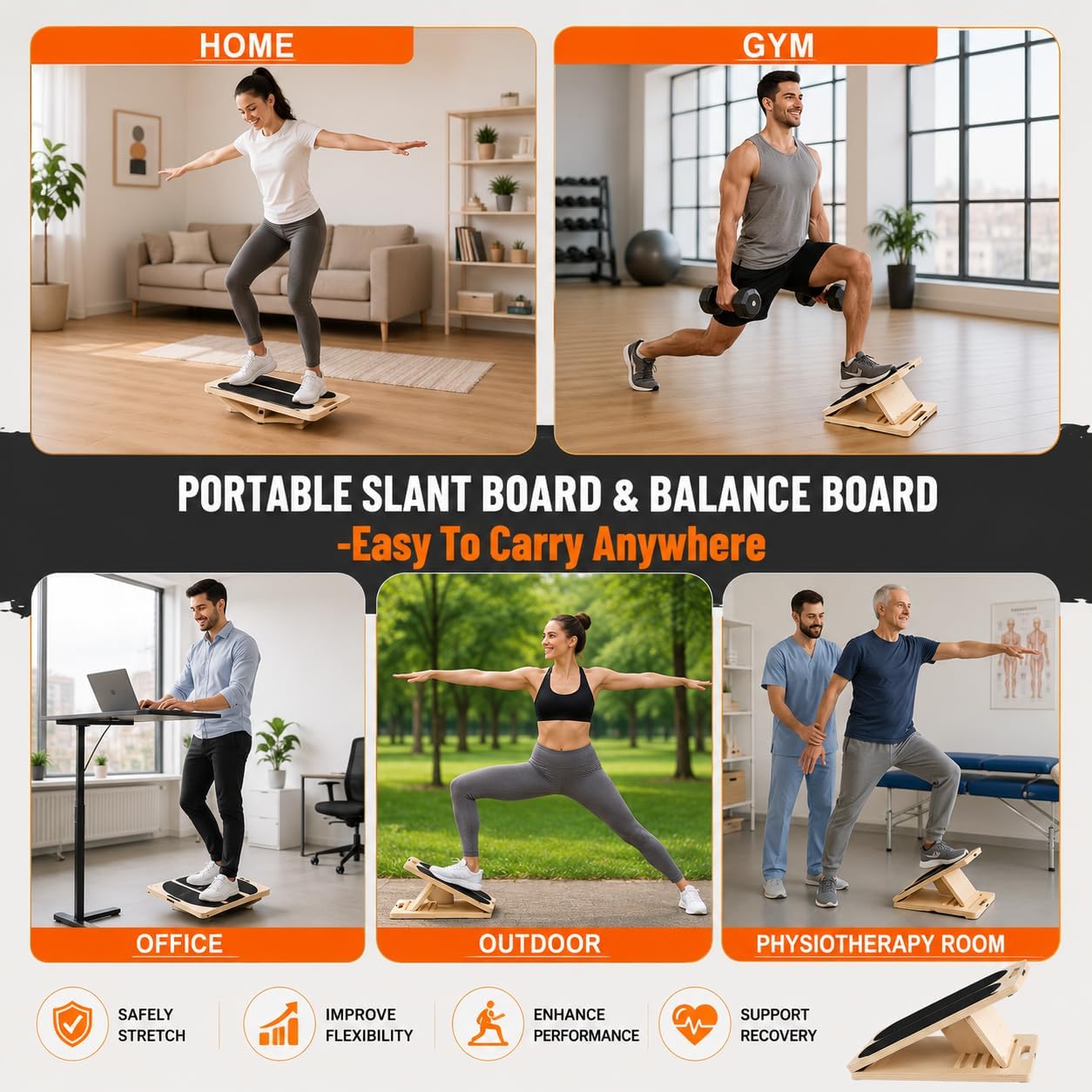3 in 1 Adjustable Wooden Slant Board for Stretching & Physical Therapy, Anti-Slip 5 Angle Portable Calf & Achilles Tendon Stretching Board, 400 lbs Capacity, Improve Flexibility, Foot Pain Relief