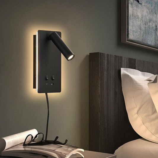 MOLUOLA LED Wall Lamp Wall Mounted Reading Lights, Adjustable Headboard Plug in Wall Sconce with USB C+A Ports, Headboard Bedside Lamp with 9W+3W Night Light 3000K (White)