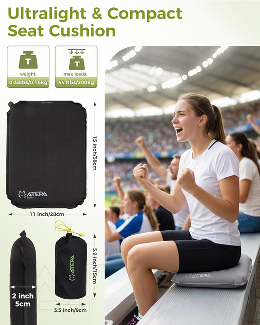 ATEPA Inflatable Seat Cushion | 2" & 2.5" foam core seat pad, Self inflating, Compact, Stadium, Airplane, Travel, Camping, Hiking, Sports events