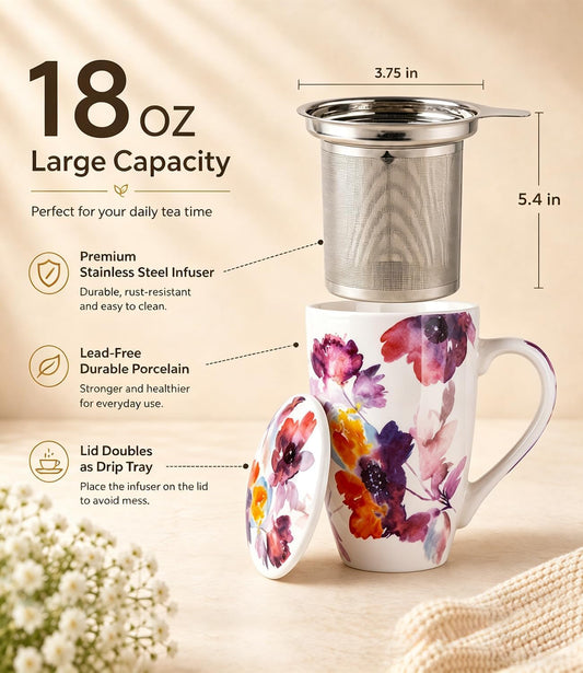 AmorArc Tea Cup With Infuser and Lid, 18oz Loose Leaf Tea Mug With Steeper | Porcelain Tea Mug With Infuser and Lid, Strainer Tea Cup for Tea Lovers, Home & Office, Housewarming Birthday Gift