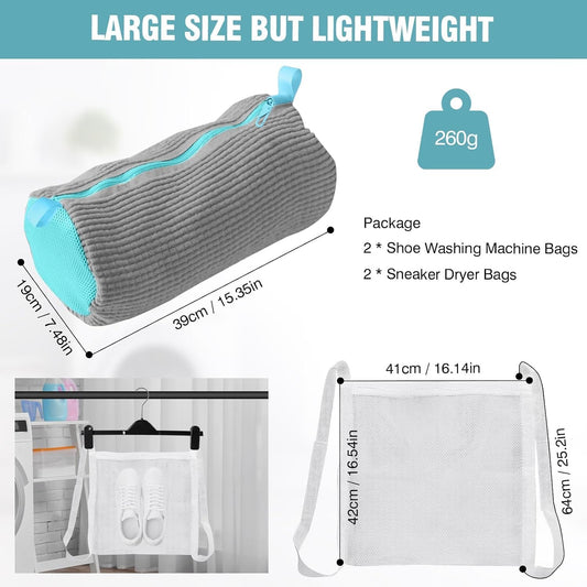 Shoe Washing Machine Bag, Shoe Laundry Bag for Washer and Dryer | 2 Pack Shoe Cleaning Bag for Sneakers & Tennis Shoes, XXL Size, Shoe Protection, Dry Bags, Zipper Hook, Travel & Dorm Storage