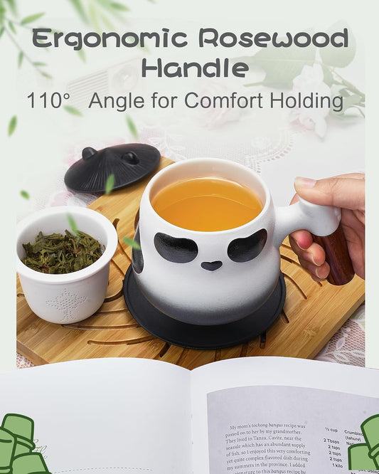 ZENS Tea Infuser Mug with Lid for Loose Leaf Tea Steeper, 11oz Panda | Embossed Ceramic Tea Infuser Mug with Fine Strainer for Herbal Tea Lovers Gifts, Nature Wood Handle