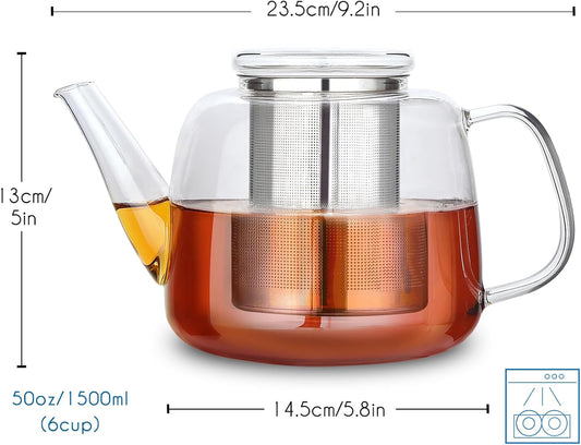 Borosilicate Glass Teapot 50oz with Large Stainless Steel Removable Loose Tea Infuser for Fruit Herbal and Infusion, Smoke Grey