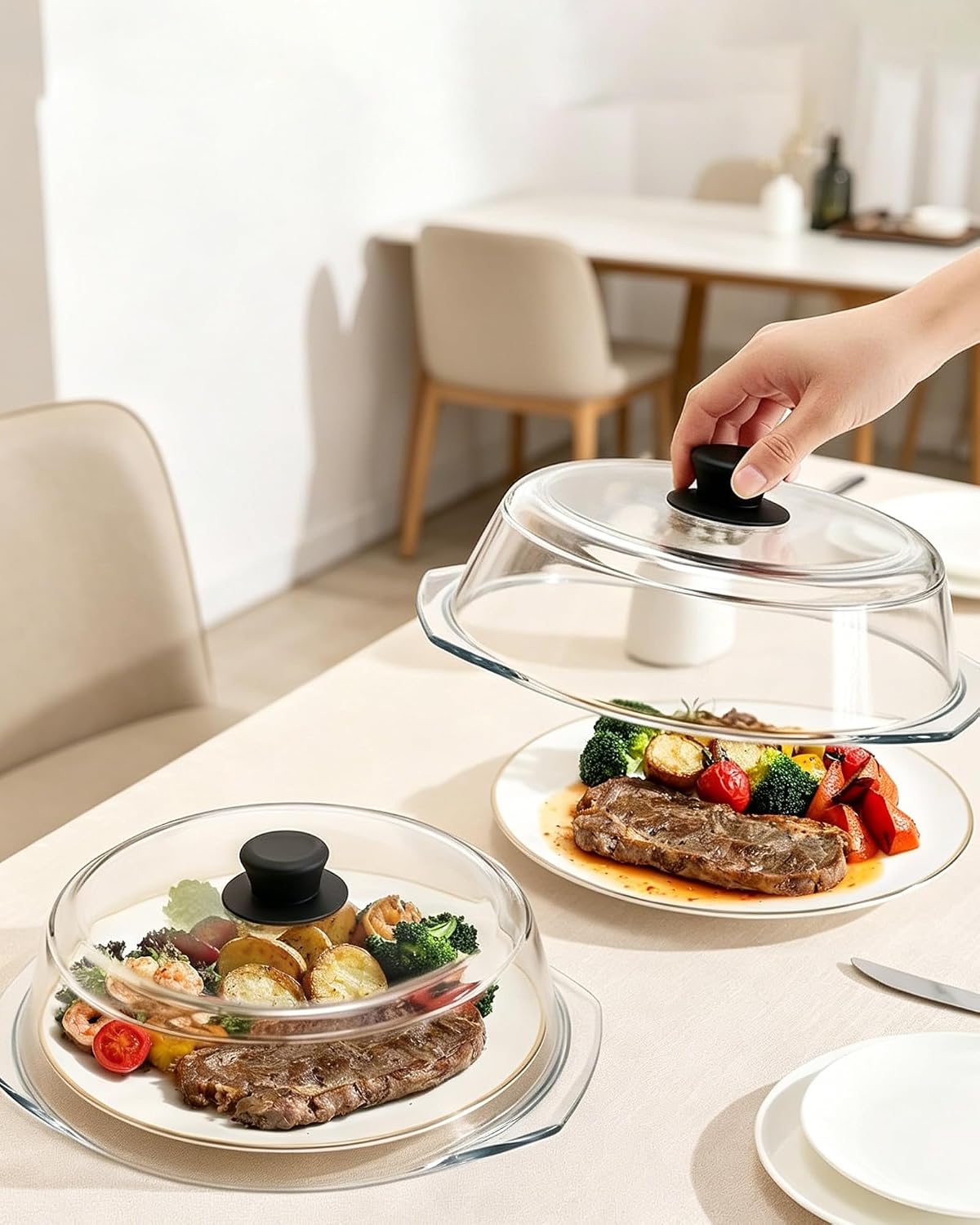 Tall Glass Microwave Splatter Cover for Food & Microwave Place Mat,2 in 1,Sturdy clear 100% food safe BPA free glass lid with easy grip silicone handle,Dishwasher safe for easy cleaning