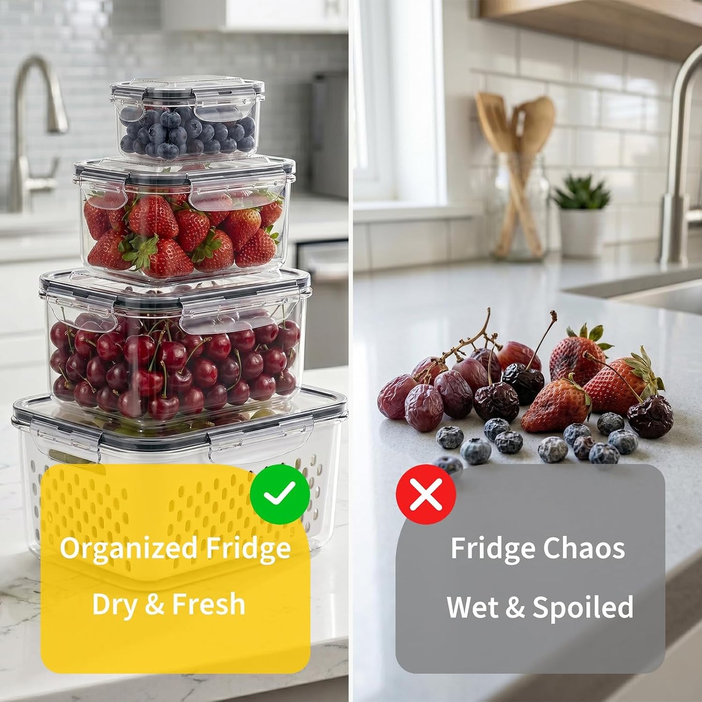 Berry keeper Fruit Storage Containers for Fridge with Removable Colander | 4 in 1 Food Storage Containers with Lids, Dishwasher Safe Easy to Clean, Keep Strawberry and Other Fruit Fresh Longer, 4PCS