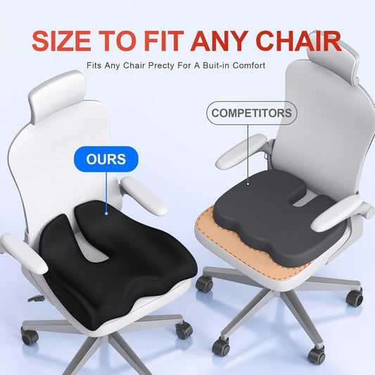 Benazcap XL Ergonomic Seat Cushion Relieves Sciatica & Tailbone Pain | Memory Foam cushion, washable cover & anti-slip base, long-sitting pad for office, gaming and car seats Black