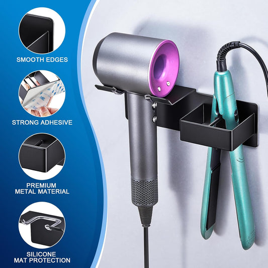 Hair Dryer Holder Wall Mounted, Hair Straightener Holder Metal, Adhesive Blow Dryer and Hair Straightener Holder, Bathroom Bedroom Hair Tool Organizer for Flat Iron,Curling Iron,Hairdryer (White)