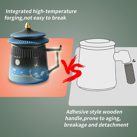 Loose Leaf Tea Cup with Infuser and Lid, 14.8oz Chinese Ceramic Mug with Fine Mesh Strainer, Office Steeping Cup for Tea Lovers Gifts