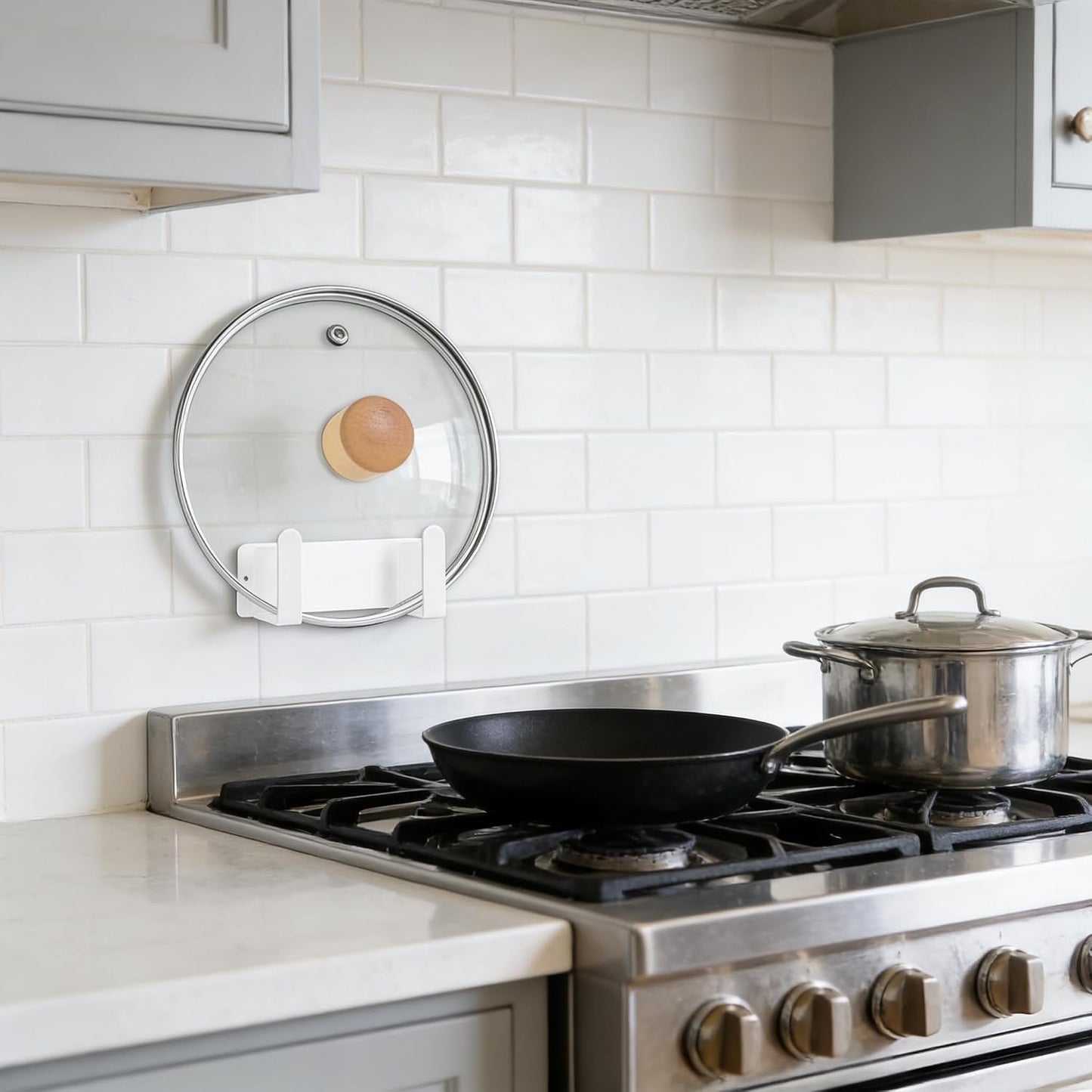 Stainless Steel Wall Mounted Cutting Board Holder Punch-Free Adhesive Multifunctional Kitchen Organizer Pot Lid Storage Rack 7" x 2.3" x 1.8" White