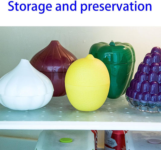 6PCS Fresh Food Savers Vegetable Fruit Shape Containers Set,Reuseable Avocado Lemon Tomatoes Pepper Onion Garlic Storage Keeper Sealing Box Fresh Bowls for Refrigerators