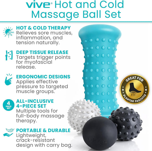 Vive Massage Ball Set (4 Piece) - Plantar Fasciitis Relief Foot Pain Hot | Cold Therapy - Heel Spur, Sore Muscle, Trigger Point, Back, Arm, Neck, Shoulder, Leg Circulation Roller