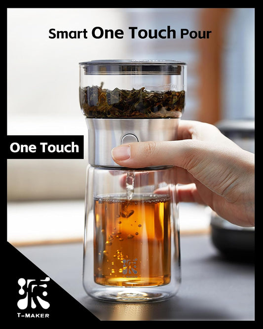 ZENS Glass Infuser Teapot, One Touch Tea Maker for Loose Leaf Tea, Walnut | Modern Tea Diffusers, Magic Tea Pot with 9oz Insulated Mug and Portable Bag for Tea Lovers Gifts