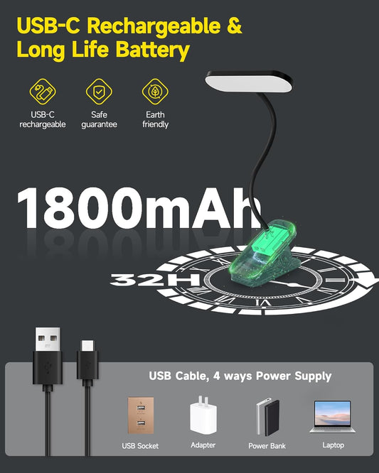 CUHIOY Rechargeable Clip on Light, Bed Headboard Reading Lamp, Black | Portable Cordless Battery-Operated USB-C, 5 Colors 5 Brightness Goose-Neck, Flicker-Free Clamp Desk Dorm Bunk Bed Light