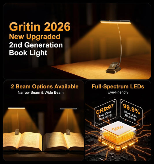 Gritin 2026 Gen 2 Book Light for Reading- 32 Eye Caring Full Spectrum LED | 5 Colors & 5 Brightness, Adjustable Wide/Narrow Beam, Upgrade 1500mAh Long-Lasting Rechargeable Clip on Light for Book Lovers